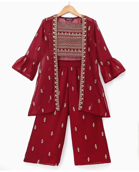 Pine Kids Georgette Woven Indo Western Sets With Floral Embroidery - Maroon