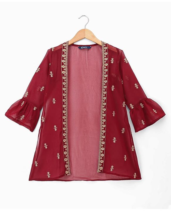 Pine Kids Georgette Woven Indo Western Sets With Floral Embroidery - Maroon
