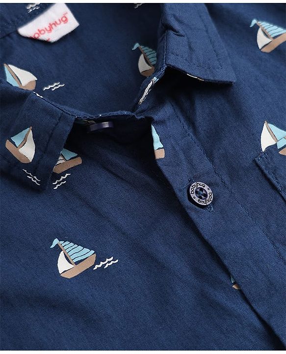 Babyhug 100% Cotton Woven Shirt with Half Sleeves and Nautical Print - Navy Blue