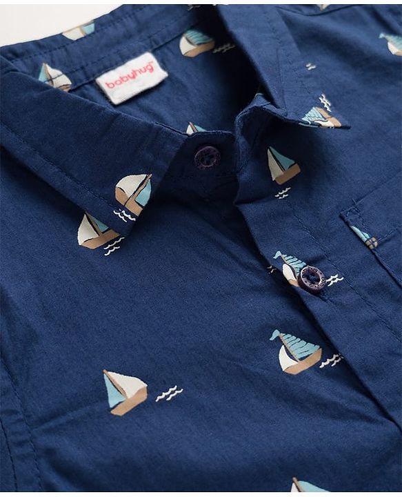 Babyhug 100% Cotton Woven Shirt with Half Sleeves and Nautical Print - Navy Blue