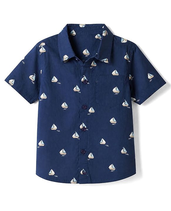 Babyhug 100% Cotton Woven Shirt with Half Sleeves and Nautical Print - Navy Blue