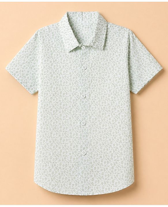 Babyhug 100% Cotton Woven Shirt with Half Sleeves and Floral Print - Sea Green