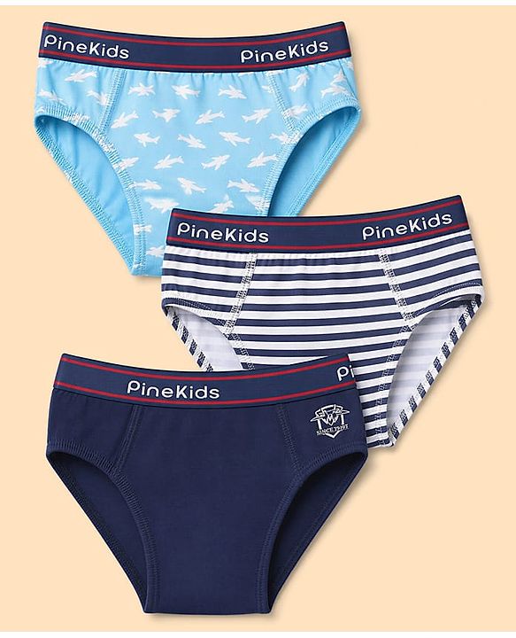 Pine Kids Cotton Elastane Knit Briefs With Shark & Stripe Print Pack of 3 - Black, Navy & Light Blue