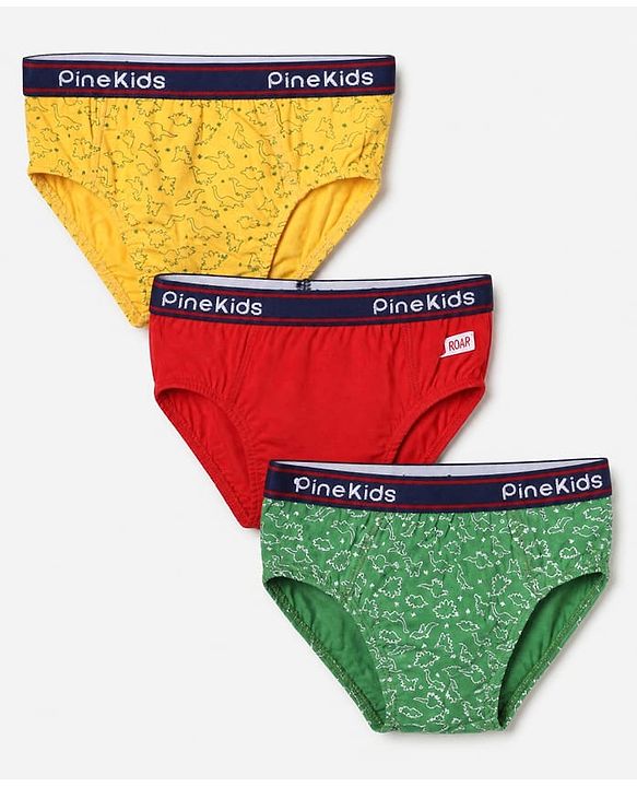 Pine Kids Cotton Elastane Knit Briefs with Dinosaur Print Pack of 3 - Mustard Red & Green