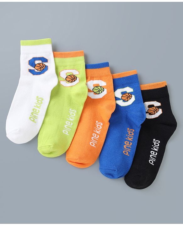 Pine Kids Cotton Mix Knit Ankle Length Socks With Brand Logo Print Set of 5 - Blue, White & Black