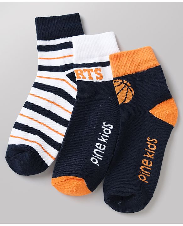 Pine Kids Cotton Mix Knit Ankle Length Socks With Brand Logo Print Set of 3 - Orange, White & Black