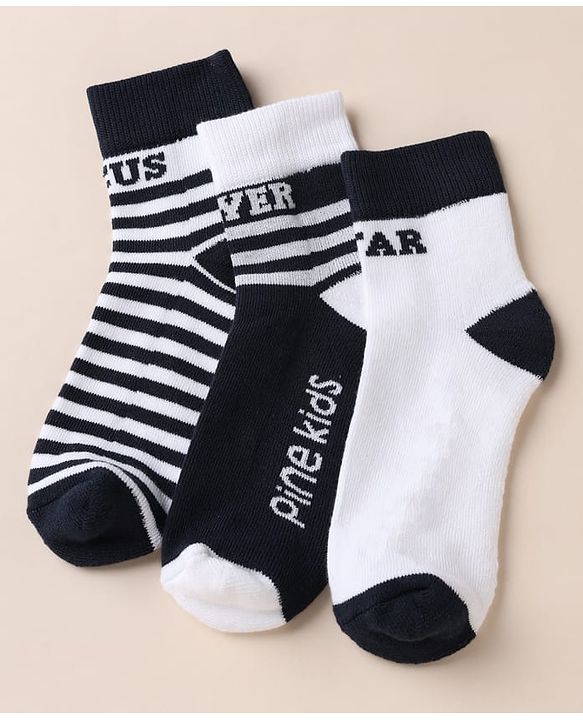 Pine Kids Cotton Blend Knit Ankle Length Striped Socks Pack of 3 - White Black