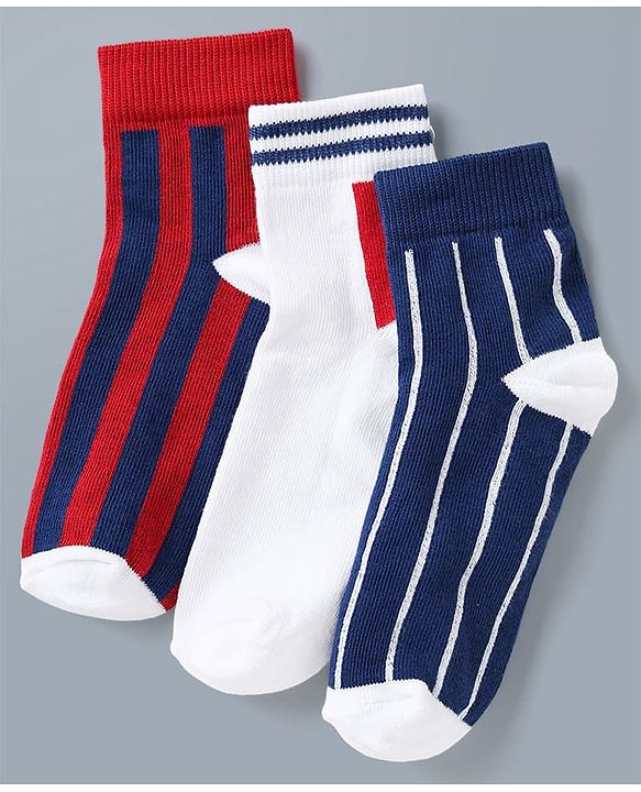 Pine Kids Cotton Mix Knit Ankle Length Striped Socks Set of 3 - Blue, White & Red