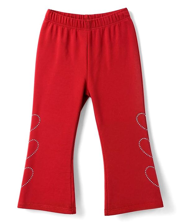 Babyhug Cotton Elastane Knit Full Length Leggings With Stone Embellishment - Red