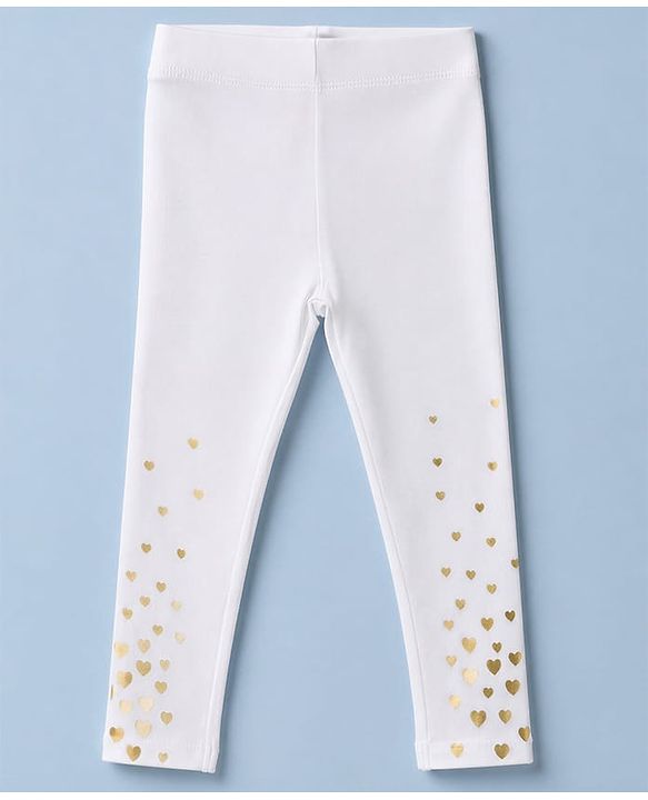 Babyhug Cotton Elastane Knit Full Length Solid Leggings With Heart Print - White