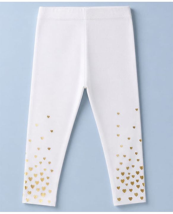 Babyhug Cotton Elastane Knit Full Length Solid Leggings With Heart Print - White