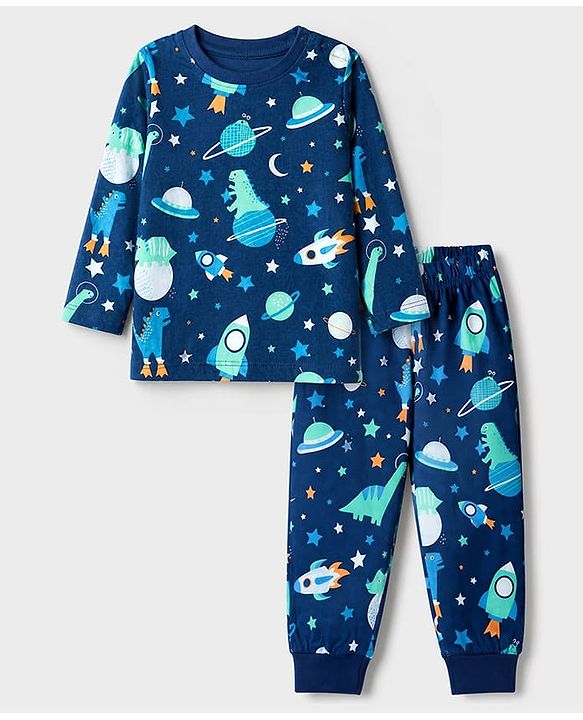 Babyhug 100% Cotton Knit Full Sleeves Co-Ords T-Shirt & Pyjama Night Suit with Space & Dinosaur Print - Navy Blue