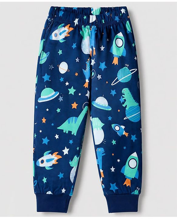 Babyhug 100% Cotton Knit Full Sleeves Co-Ords T-Shirt & Pyjama Night Suit with Space & Dinosaur Print - Navy Blue