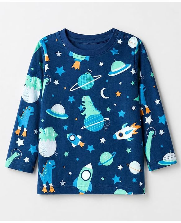 Babyhug 100% Cotton Knit Full Sleeves Co-Ords T-Shirt & Pyjama Night Suit with Space & Dinosaur Print - Navy Blue