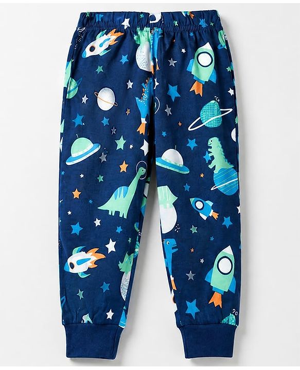 Babyhug 100% Cotton Knit Full Sleeves Co-Ords T-Shirt & Pyjama Night Suit with Space & Dinosaur Print - Navy Blue