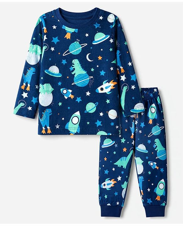 Babyhug 100% Cotton Knit Full Sleeves Co-Ords T-Shirt & Pyjama Night Suit with Space & Dinosaur Print - Navy Blue