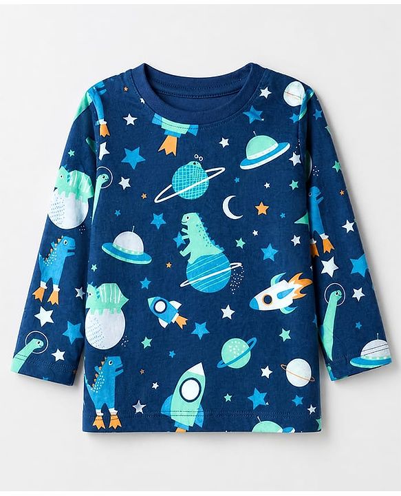 Babyhug 100% Cotton Knit Full Sleeves Co-Ords T-Shirt & Pyjama Night Suit with Space & Dinosaur Print - Navy Blue