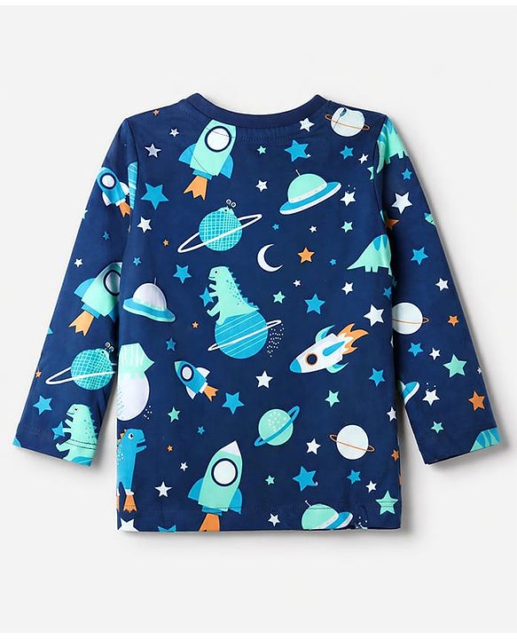 Babyhug 100% Cotton Knit Full Sleeves Co-Ords T-Shirt & Pyjama Night Suit with Space & Dinosaur Print - Navy Blue