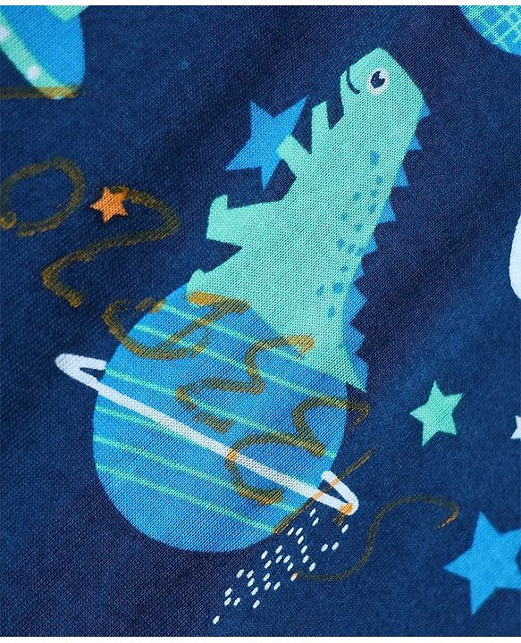 Babyhug 100% Cotton Knit Full Sleeves Co-Ords T-Shirt & Pyjama Night Suit with Space & Dinosaur Print - Navy Blue