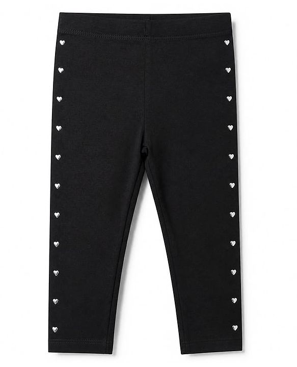 Babyhug Cotton Elastane Knit Full Length Solid Leggings With Heart Foil Print - Black