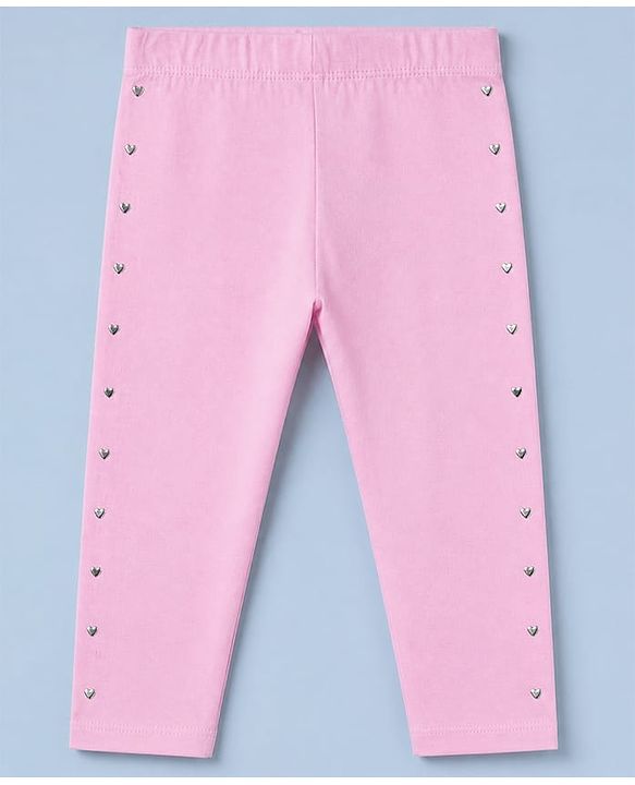 Babyhug Cotton Elastane Knit Full Length Solid Leggings With Heart Foil Print - Pink