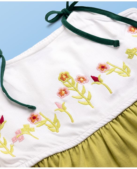 Pine Kids 100% Cotton Knit Frock with Sleeveless and Flowers Embroidery in Olive Green