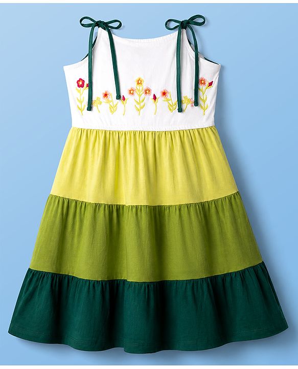 Pine Kids 100% Cotton Knit Frock with Sleeveless and Flowers Embroidery in Olive Green