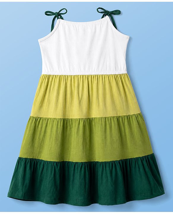 Pine Kids 100% Cotton Knit Frock with Sleeveless and Flowers Embroidery in Olive Green
