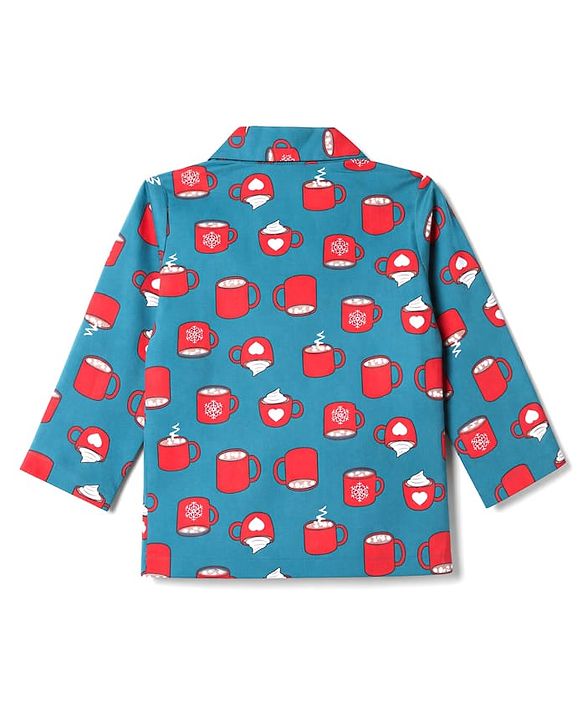 Babyhug 100% Cotton Woven Full Sleeves Co-Ords Shirt & Pyjama Night Suit with Coffee Mug Print - Green