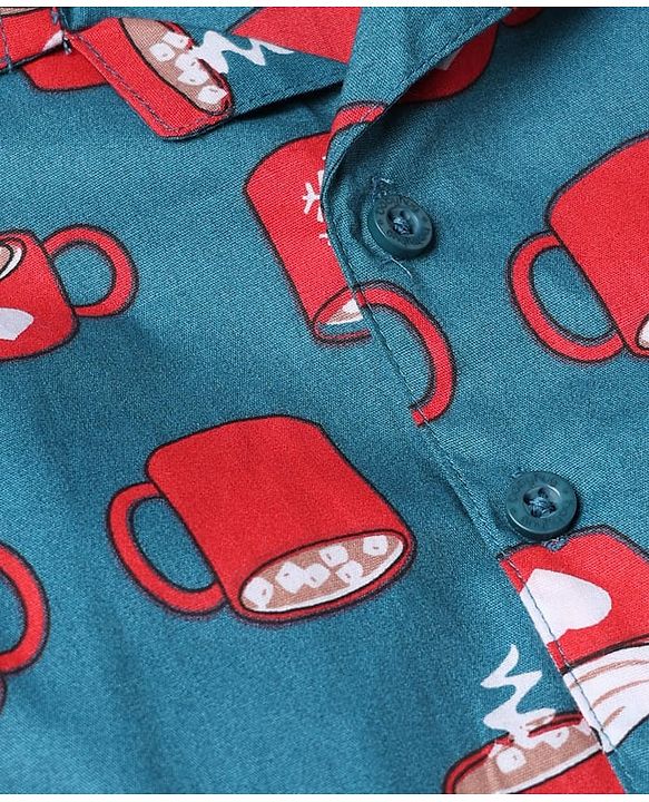 Babyhug 100% Cotton Woven Full Sleeves Co-Ords Shirt & Pyjama Night Suit with Coffee Mug Print - Green