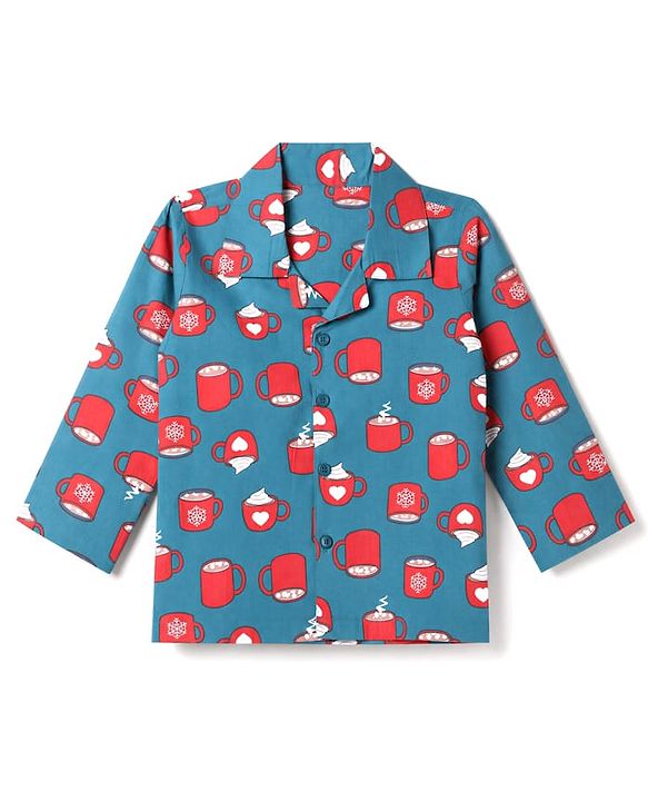 Babyhug 100% Cotton Woven Full Sleeves Co-Ords Shirt & Pyjama Night Suit with Coffee Mug Print - Green