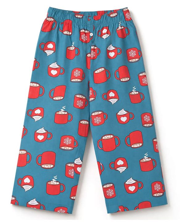 Babyhug 100% Cotton Woven Full Sleeves Co-Ords Shirt & Pyjama Night Suit with Coffee Mug Print - Green