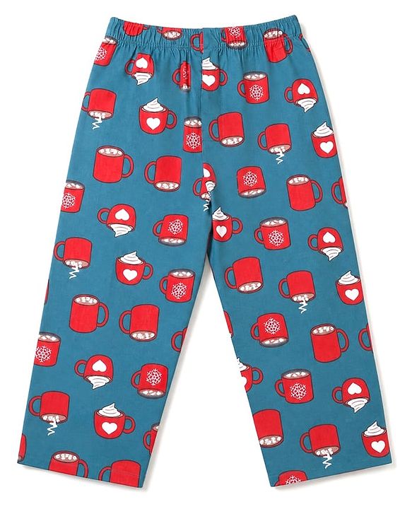 Babyhug 100% Cotton Woven Full Sleeves Co-Ords Shirt & Pyjama Night Suit with Coffee Mug Print - Green