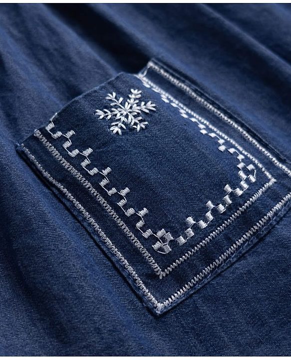 Babyhug Denim Woven Full Sleeves Frock with Inner Tee and Floral Embroidery - Blue
