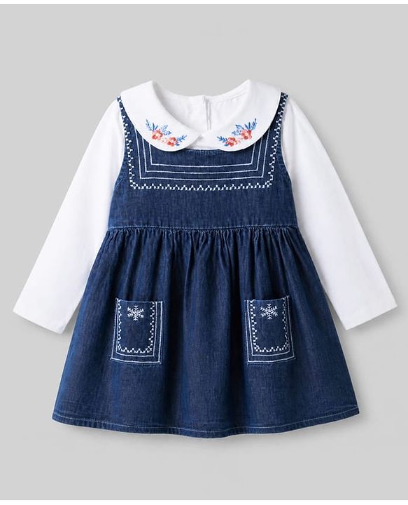 Babyhug Denim Woven Full Sleeves Frock with Inner Tee and Floral Embroidery - Blue