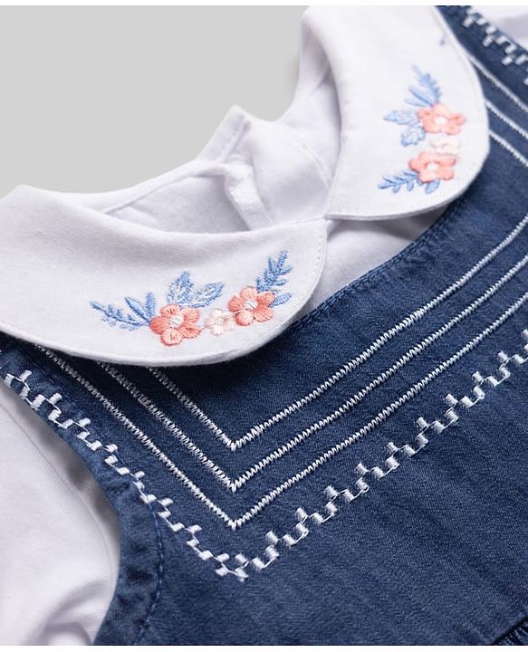 Babyhug Denim Woven Full Sleeves Frock with Inner Tee and Floral Embroidery - Blue