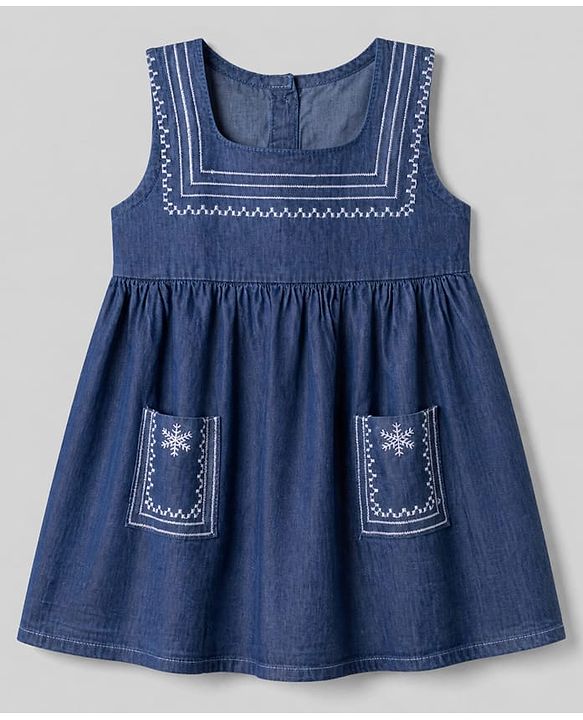 Babyhug Denim Woven Full Sleeves Frock with Inner Tee and Floral Embroidery - Blue