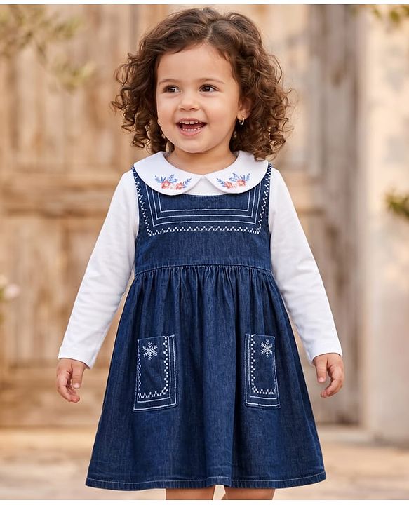 Babyhug Denim Woven Full Sleeves Frock with Inner Tee and Floral Embroidery - Blue