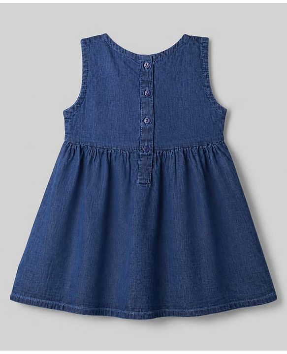 Babyhug Denim Woven Full Sleeves Frock with Inner Tee and Floral Embroidery - Blue