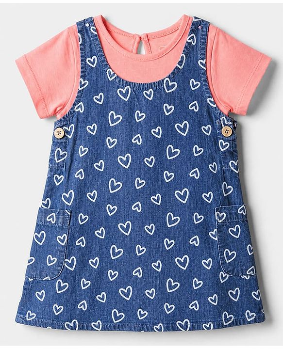 Babyhug Denim Woven Frock with Inner Tee with Half Sleeves and Hearts Print - Blue