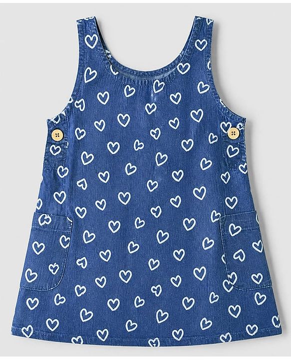 Babyhug Denim Woven Frock with Inner Tee with Half Sleeves and Hearts Print - Blue