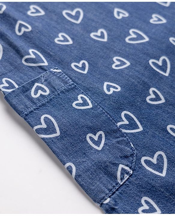 Babyhug Denim Woven Frock with Inner Tee with Half Sleeves and Hearts Print - Blue