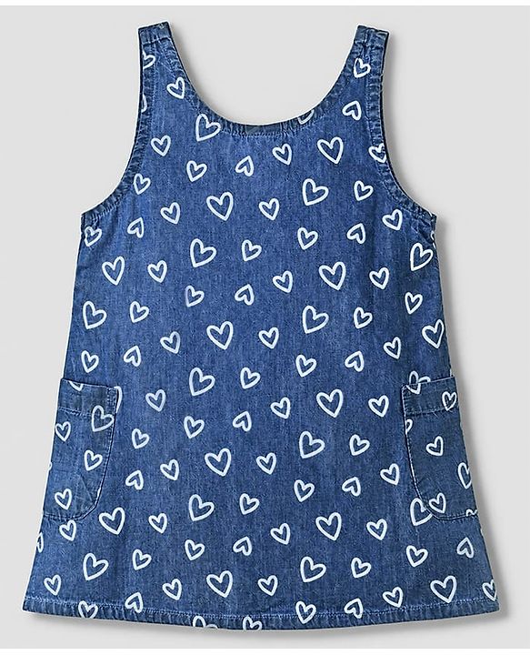 Babyhug Denim Woven Frock with Inner Tee with Half Sleeves and Hearts Print - Blue