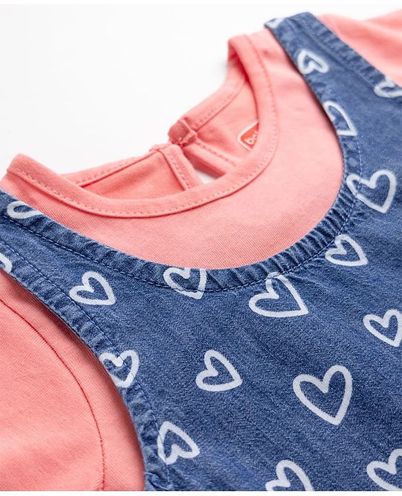 Babyhug Denim Woven Frock with Inner Tee with Half Sleeves and Hearts Print - Blue