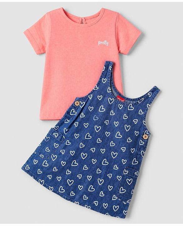Babyhug Denim Woven Frock with Inner Tee with Half Sleeves and Hearts Print - Blue