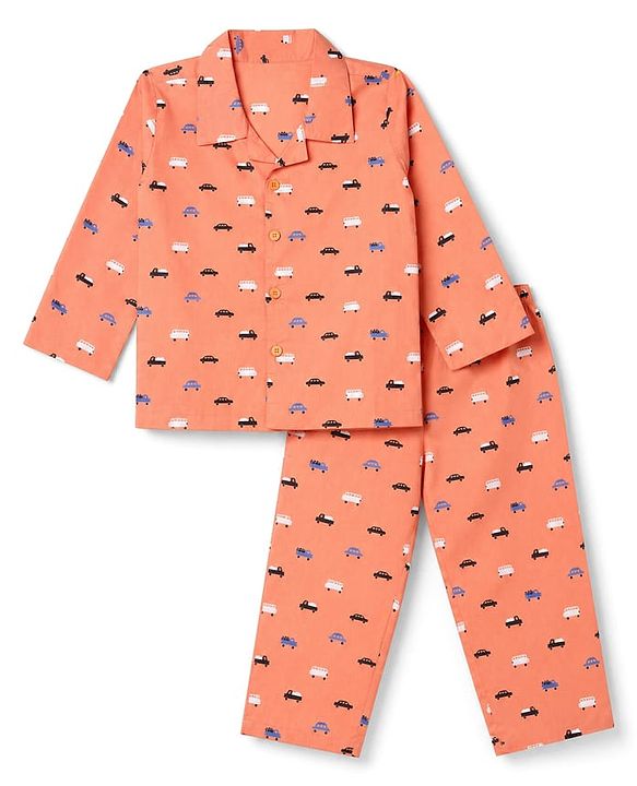 Babyhug Cotton Woven Full Sleeves Front Open Shirt & Pyjama Co-Ords Set With Vehicle Print - Orange
