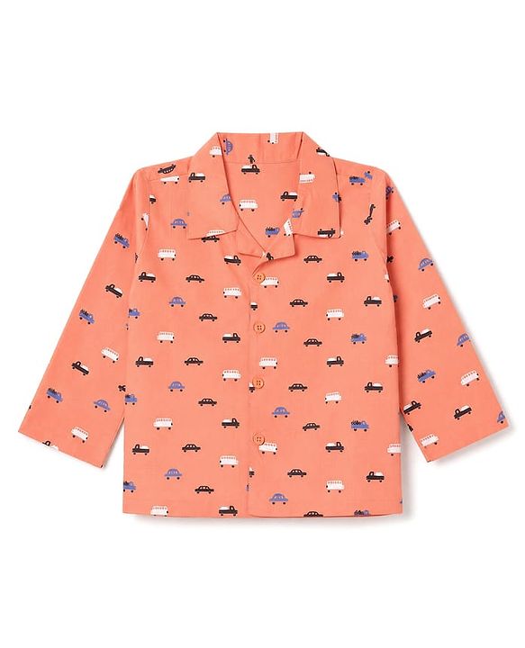 Babyhug Cotton Woven Full Sleeves Front Open Shirt & Pyjama Co-Ords Set With Vehicle Print - Orange