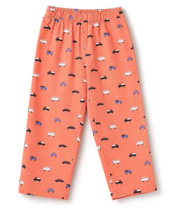 Babyhug Cotton Woven Full Sleeves Front Open Shirt & Pyjama Co-Ords Set With Vehicle Print - Orange