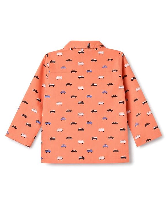 Babyhug Cotton Woven Full Sleeves Front Open Shirt & Pyjama Co-Ords Set With Vehicle Print - Orange