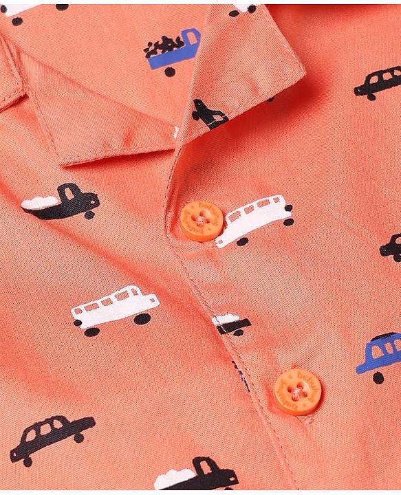 Babyhug Cotton Woven Full Sleeves Front Open Shirt & Pyjama Co-Ords Set With Vehicle Print - Orange